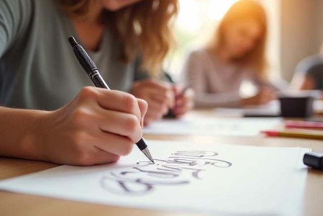 Jeune femme apprenant la calligraphie moderne lors d'un atelier en groupe.